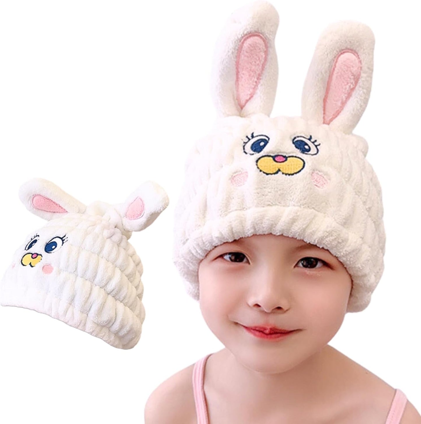 Microfiber Hair Towel Wrap for Kids, White Rabbit Dry Hair Cap Suck Water, Absorbent Quick Girls Boys Hair Drying Towel, Lightweight Bouncy Hat Headscarf for Wet Hair