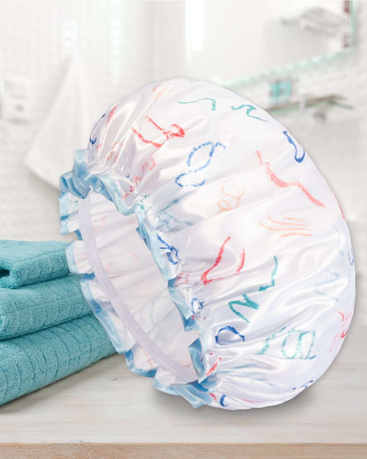 Aquior Shower Caps, Reusable Shower Cap for Women, Double Layer Waterproof Hair Cap, Large Size for All Hair Lengths Non-fading Bathing Shower for Ladies