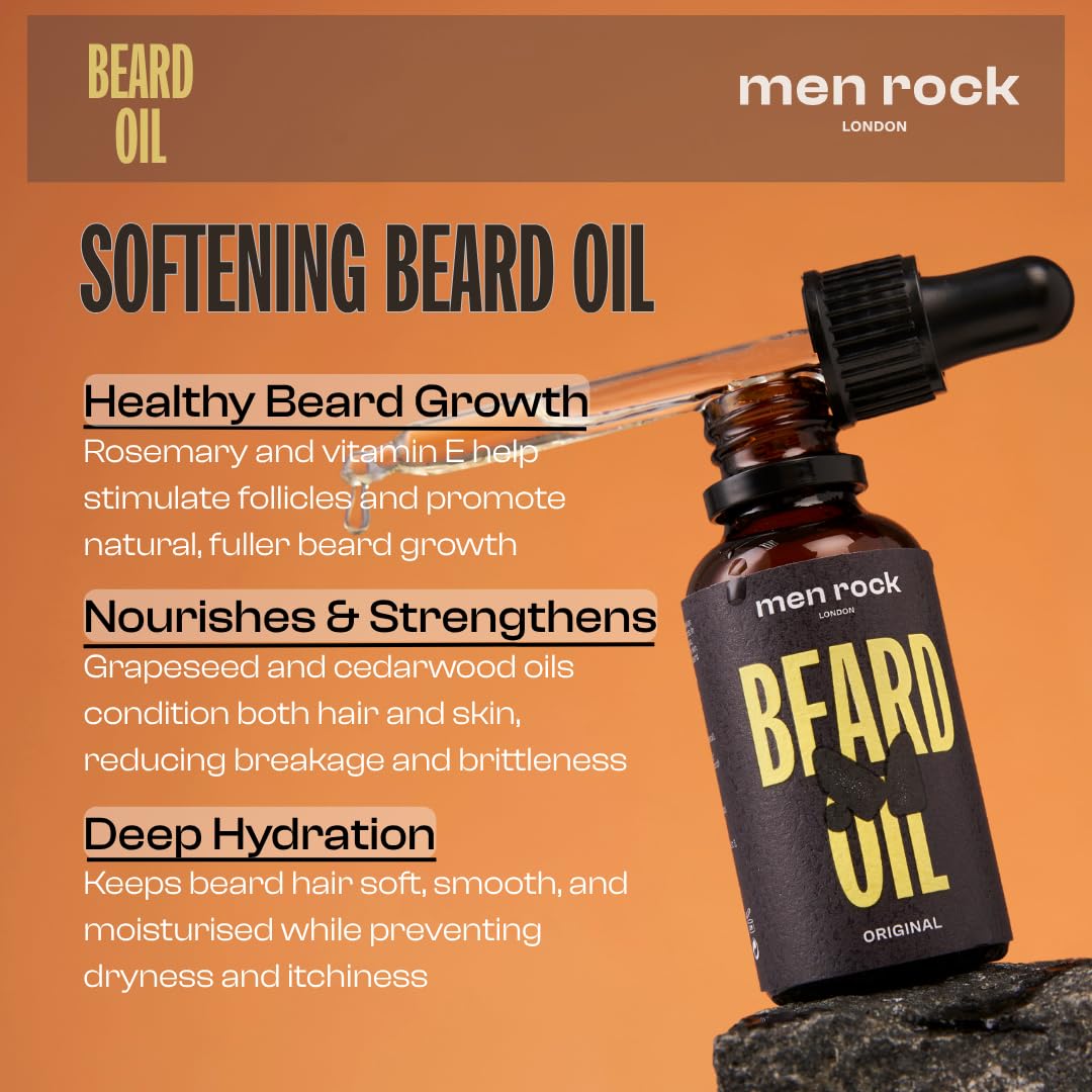 Men Rock Beardy Beloved Soothing Essential Beard Kit - Oak Moss - Beard Oil, Balm and Wash - Mens Face Care - Skincare Products for Men - 3 Pc