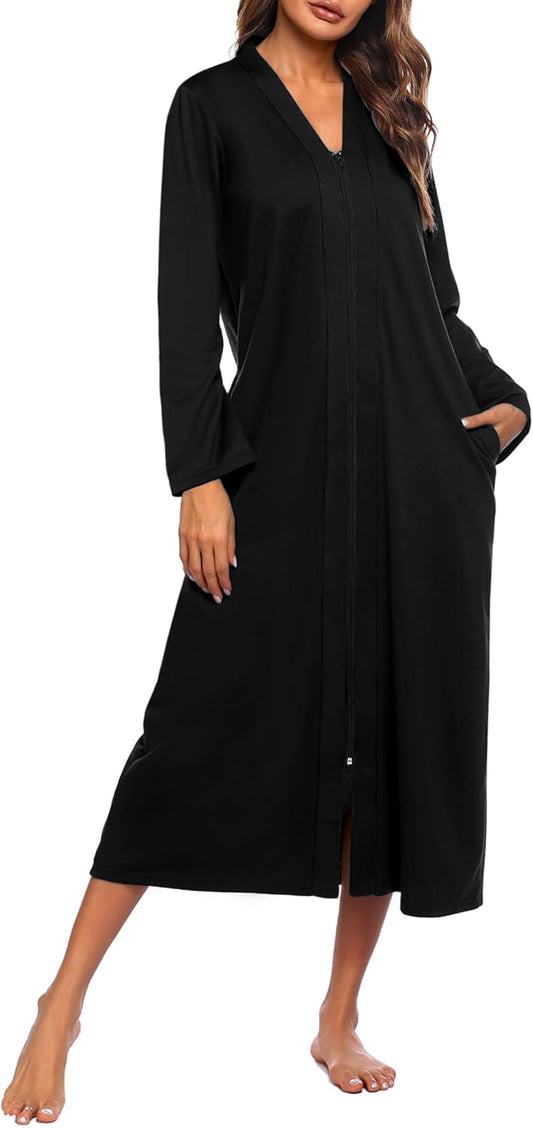Ekouaer Women Zipper Robe Long Sleeve Loungewear Lightweight Housecoat Full Length Nightgown with Pockets