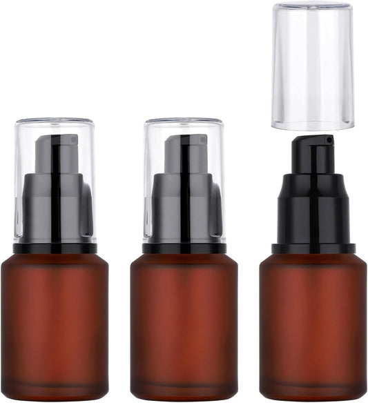 Segbeauty 1oz Frosted Glass Pump Bottle Dispenser Refillable, Pack of 3 Red Empty Small Lotion Bottle Travel Size Makeup Pump Dispensers, 30ml Leak Proof Glass Travel Bottles for Toiletries