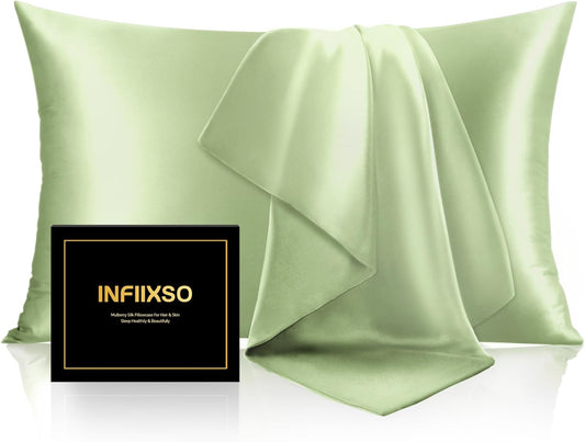 INFIIXSO Mulberry Silk Pillowcase for Hair and Skin, Silk Pillow Cases Queen Size with Hidden Zipper 20"x30", Extraordinary Smooth and Soft Cooling Pillow Cases for Hot Sleepers(Sage Green, 1 Pack)