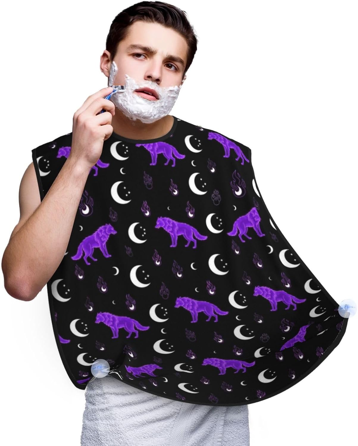 Beard Hair Catcher Bib, Waterproof Non-Stick Grooming Apron for Shaving Trimming, Perfect for Men Dad, Mystical Goth Fire Dark Purple Galaxy Foxes Moon Black Shave Bib