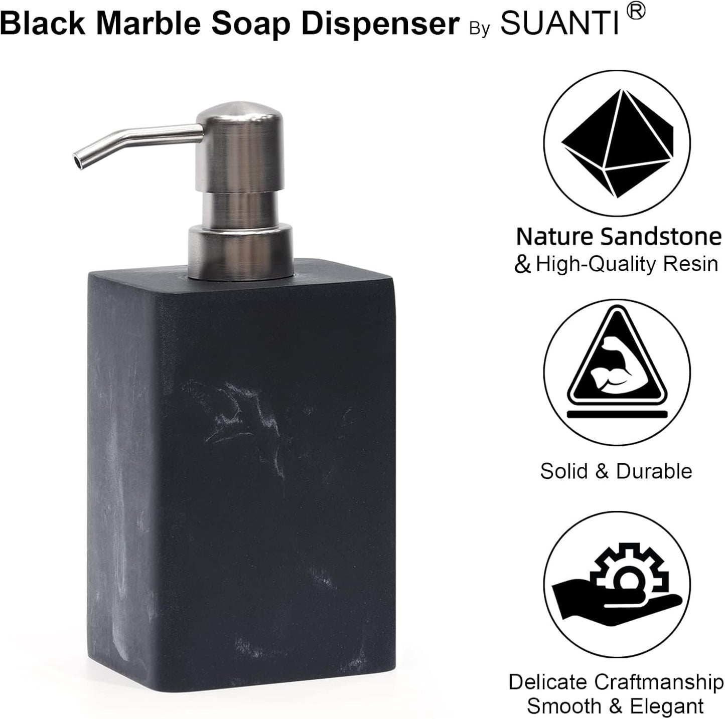 15 Oz Marble Style Resin Soap Dispenser with Easy-Press Pump,Suanti Hand Soap Dispenser for Bathroom Counter and Kitchen Sink Decor,Refillable Dish Soap Bottle for Lotion,Liquid Dish Soap-Matte Black