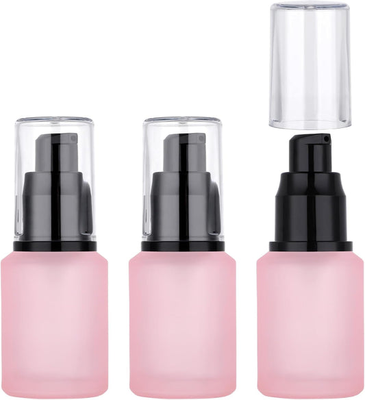 Segbeauty 1oz Frosted Glass Travel Bottles for Toiletries, Pack of 3 Refillable Travel Lotion Bottle, Pink Makeup Pump Dispenser Cream Lotion Containers, 30ml Leak Proof Cosmetic Bottles for Women