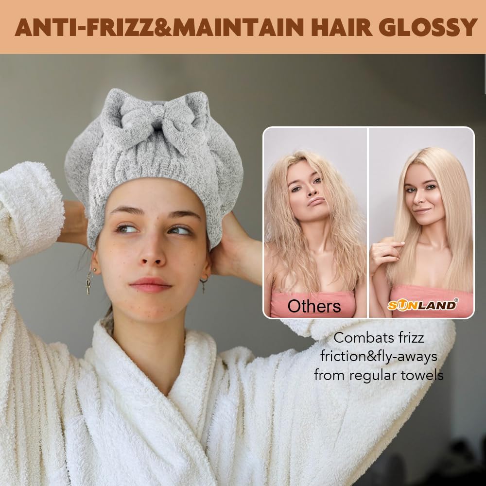 SUNLAND Large Microfiber Hair Drying Caps with Bow knot Fast Drying Shower Cap Soft and Absorbent hairWrap Hair Turban Bath Caps for Curly Thick and wet Hair 11 X 13.4 inch 2 Pack Grey