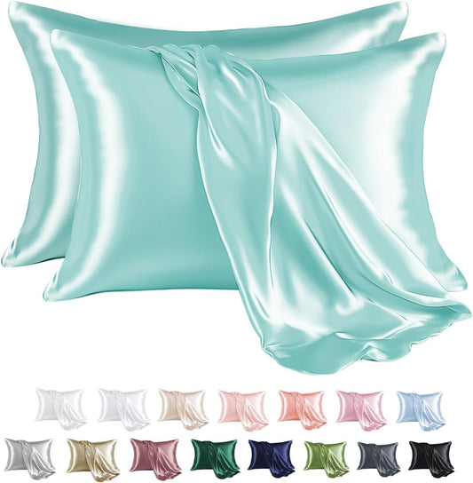 MR&HM Satin Pillowcase for Hair and Skin, Silk Satin Pillowcase 2 Pack, King Size Pillow Cases Set of 2, Silky Pillow Cover with Envelope Closure (20x40, Turquoise)