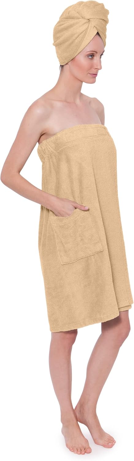 TexereSilk Women's Towel Wrap - Rayon Spa Wrap Set (Large/X-Large, Almond Buff)