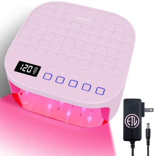 MEKK Cordless UV LED Nail Lamp,54W UV Light for Gel Nails with Hand-Friendly Red Light Beads,Auto Sensor & 4 Timer Settings Professional Flash Cure Lamp for Salon and Home,Checkered Design-Pink