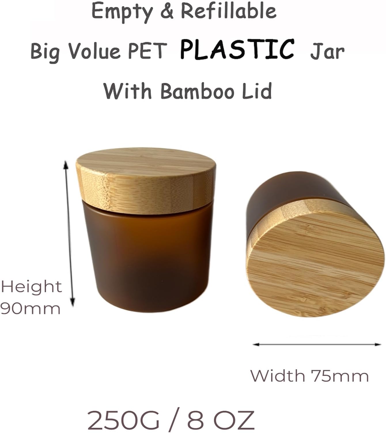 Empty Bamboo Lid Jar 8oz/250g,Refilable Plastic Round Cosmetic Containers for Powder,Body Butter,Cream,Lotion,Wide Mouth Makeup Sample Storage Pot Dispenser Brown