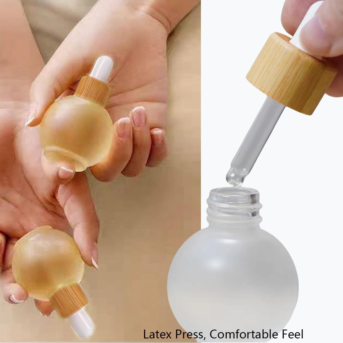 Frosted Glass Dropper Bottles, 50ml Small Bulb Shape Essential Oil Dropper Bottle Perfume Dispenser Bottle with Dropper and Bamboo Lid for Essential Oils, Perfumes and Other DIY Liquids(4Pcs)