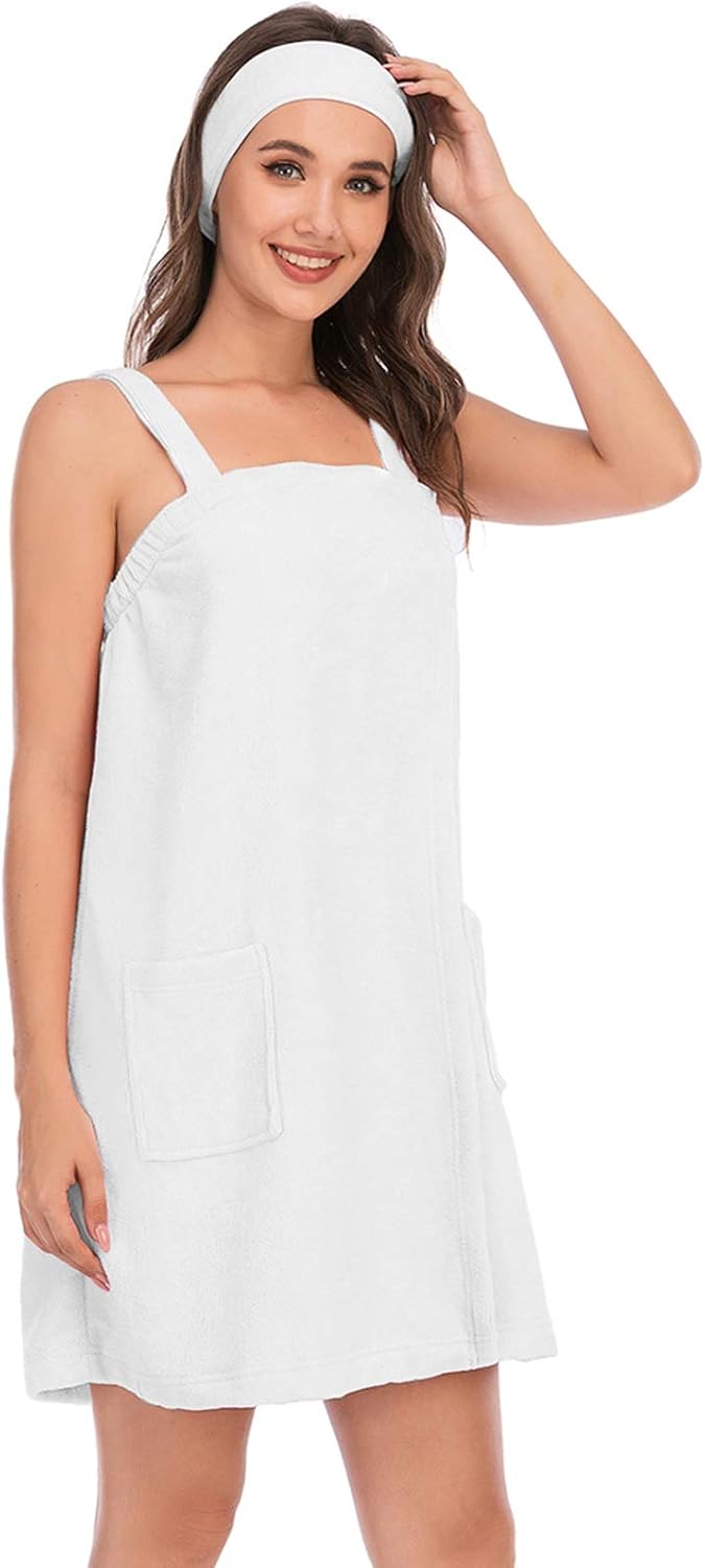 Veseacky Women Bath Wrap Towel for Womens Shower with Pocket Adjustable Spa Robe & Facial Headband