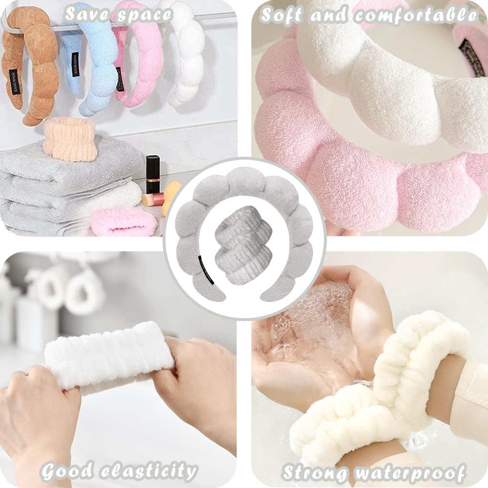 Spa Headbands for Washing Face Wristband Set Sponge Makeup Skincare Headband Wrist Towels Bubble Soft Terry Towel Cloth Hairband for Women Puffy Headwear Non Slip Thick Thin Hair Headwear (Gray)