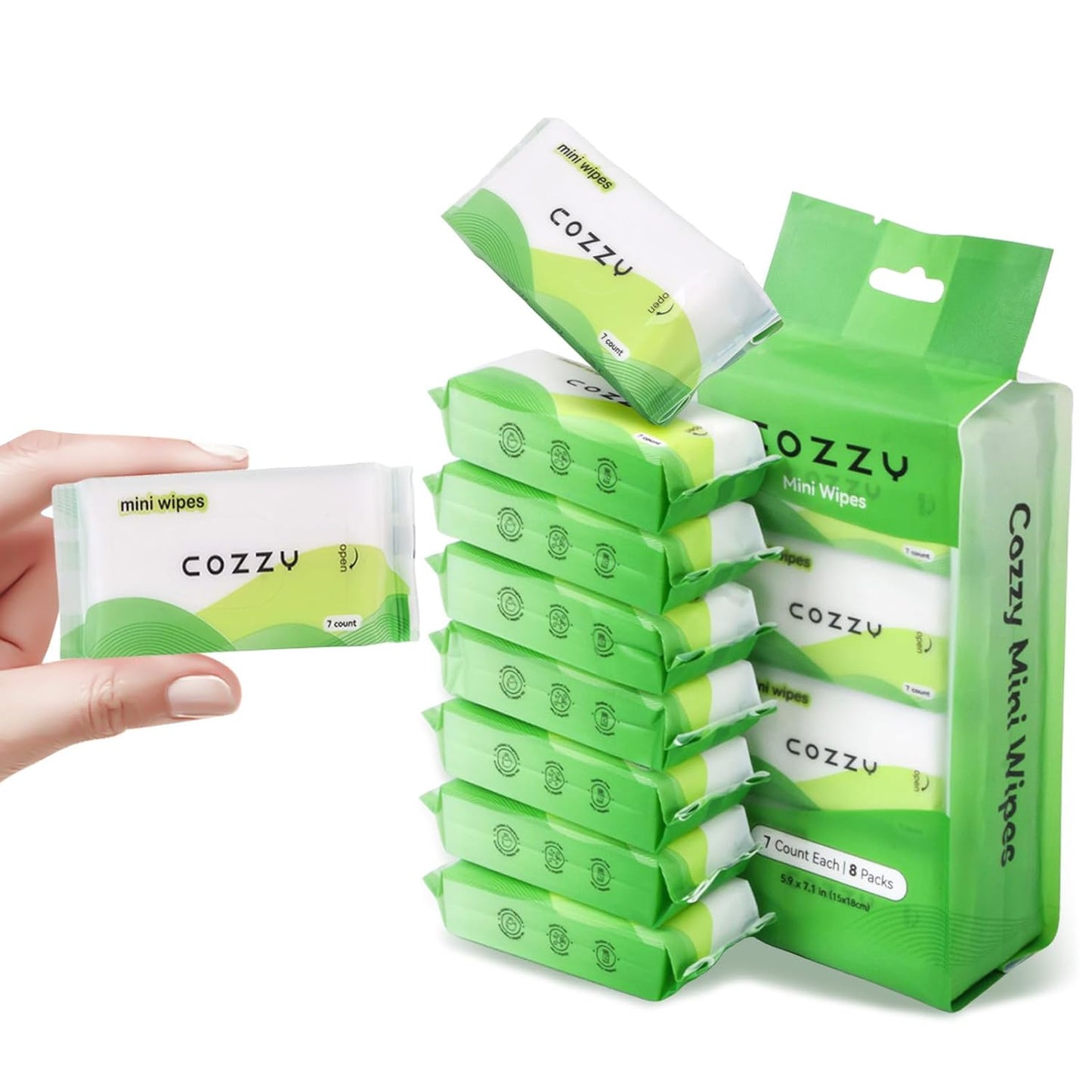 COZZY Ultra-Compact Mini Travel Wipes - Gentle & Skin-Friendly, Unscented, Alcohol-Free, Paraben-Free - Ideal for Adults, Kids & Babies - 8 Packs (56 Total Wipes)