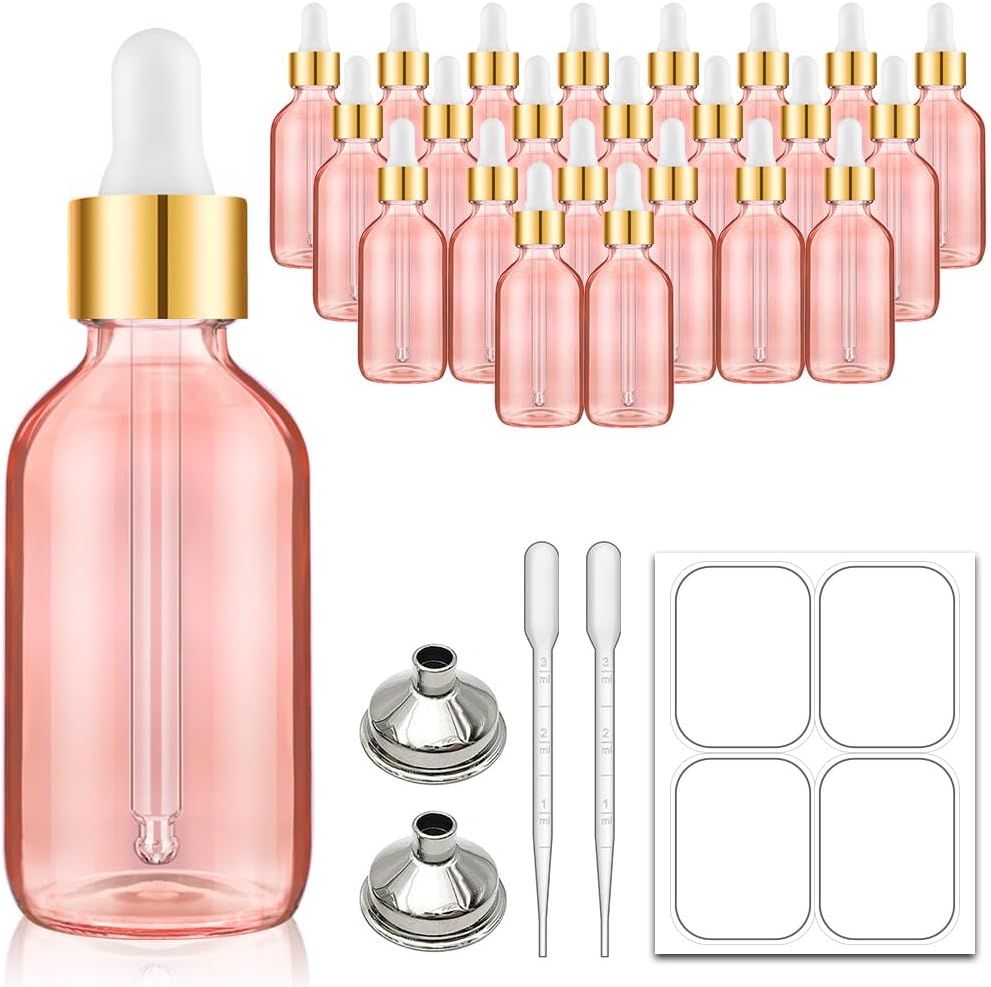 Bumobum 2 oz Dropper Bottle, 24 Pack Pink Glass Eye Dropper Bottles with Golden Top Cap for Essential Oils, Tincture Bottle with Labels and Funnel