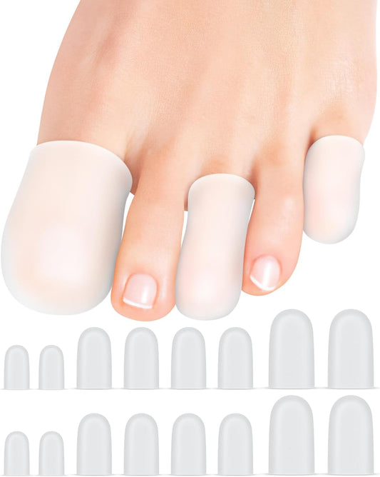 16-Pack Silicone Toe Protectors and Caps, Gel Toe Covers Bandage Sleeves for Women & Men Pain Relief, Cushion Pads for Corns, Calluses, Blisters, Toenails Loss(Clear, Mixed Sizes, 4L+8M+4S)