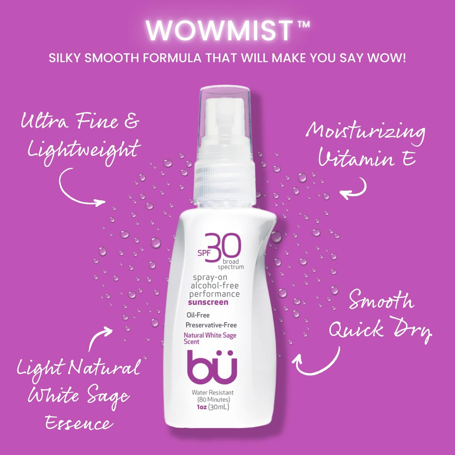 BU SPF 30 Sunscreen Spray for Face and Body, Non Aerosol Spray, TSA Travel Size Sunblock, Clear, Non Greasy, Water Resistant, White Sage 1 oz