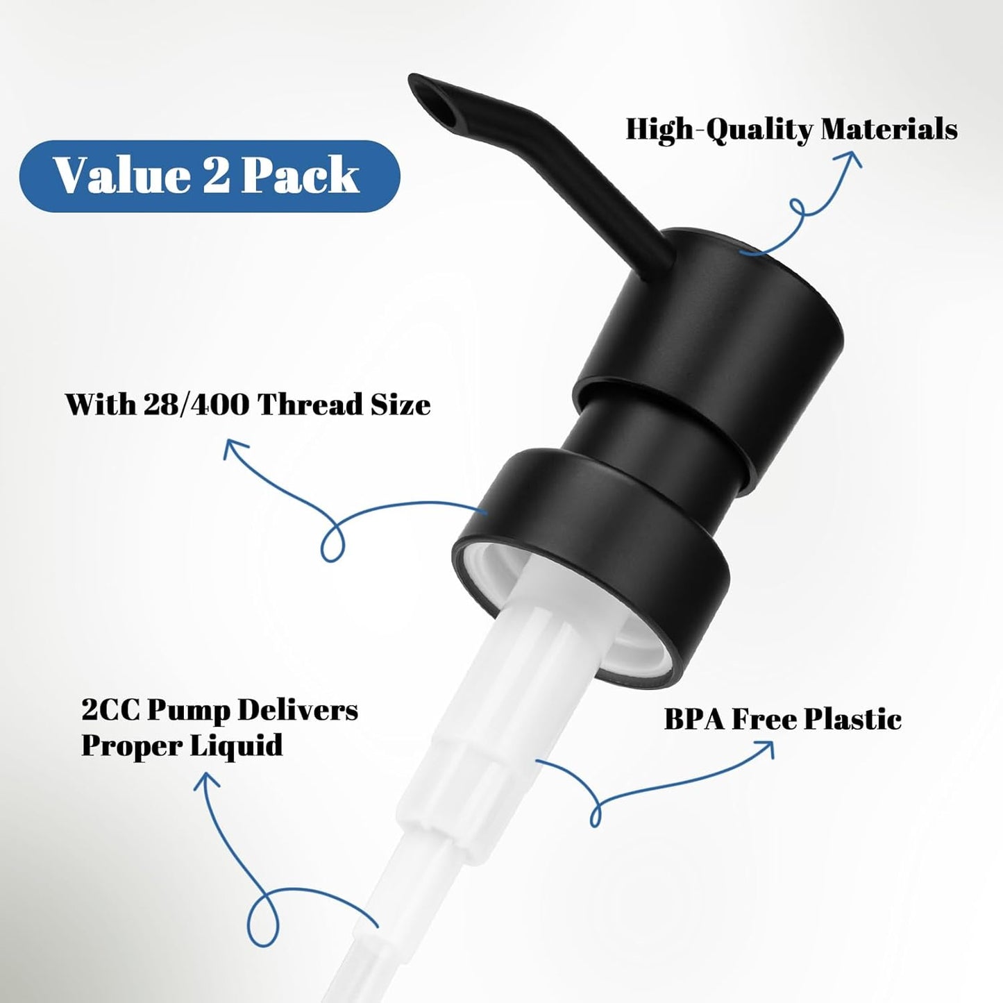 Soap Dispenser Pump Replacement for Standard 28/400 Thread Size Refill Dispenser Pump Head for Lotion Dish Soap Kitchen Bathroom Countertops,2 Pack(Black)