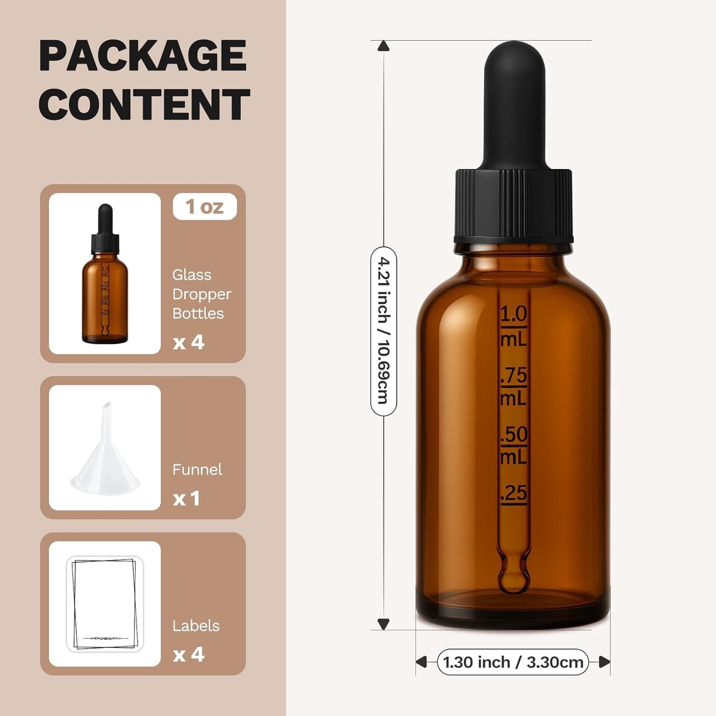 Bumobum Dropper Bottle, 1 oz Amber Glass Dropper Bottle with Measured Dropper, Empty Eye Tincture Bottles with Funnel & Labels for Essential Hair Oils Serums, 4 Pack