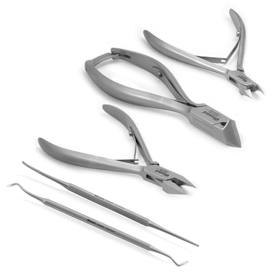 Podiatry Tool Kit by Blizzard – 5 Piece Set with Concave Arrow and Flame Toenail Nippers, Blacks File and Probe - German Forged Instruments - Hospital Grade