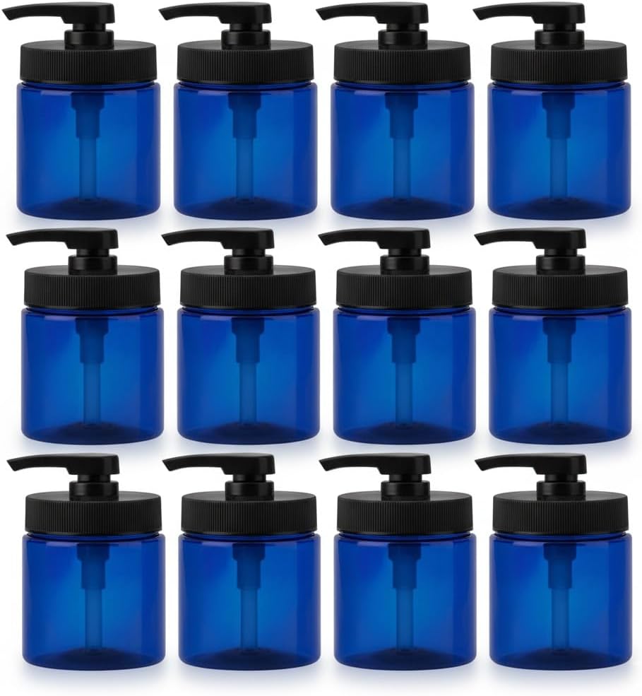 Royal Massage 16oz Refillable Pump Jar with Locking Dip Tube Dispenser – BPA-Free Plastic Container for Massage Oils, Lotions, Creams – Ribbed Lid Wide-Mouth Jar – Durable & Reusable (Blue/Black, 12)