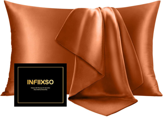 INFIIXSO Mulberry Silk Pillowcase for Hair and Skin, Silk Pillow Cases King Size with Hidden Zipper 20x40 Inches, Super Smooth and Soft Cooling Pillow Cases for Hot Sleepers(Orange, 1 Pack)