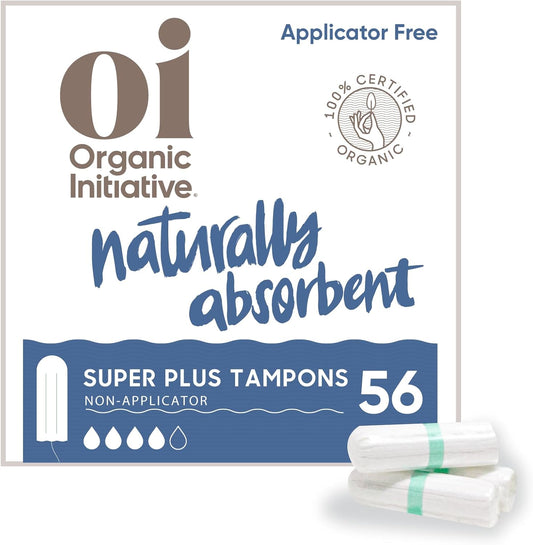 Oi | Organic Initiative - 100% Certified Organic Cotton Non-Applicator Tampons | Ultra-Absorbent, Unscented, Natural, Non-Toxic, Applicator Free | Super Plus | 56 Tampons