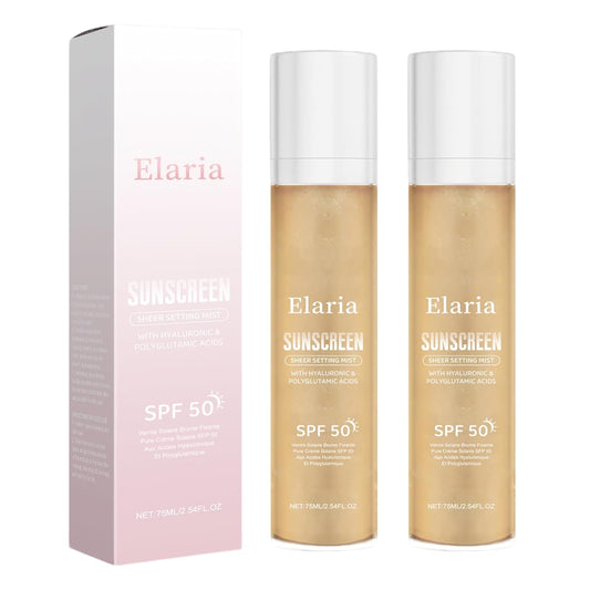 Elaria Sheer Setting Mist Sunscreen SPF 50, Shimmer Body Oil Spray for Face & Body, Lightweight, Non-Greasy, Hydrating Makeup-Friendly Glow Spray for All Skin (2)