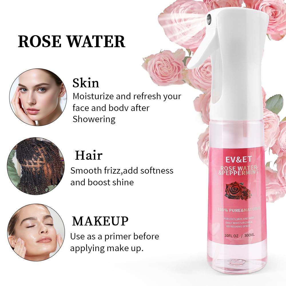 EV&ET Daily Moisturizing Refreshing Spray for Locs, Dreadlocks - Rose Water and Peppermint Hair Scalp Moisturizer, Dreadlock Spray - Natural Loc Care and Maintenance 10 Fl oz (10Fl oz)
