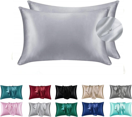 Juwenin Bedding,Luxury Satin Pillowcase with Zipper (Silky Satin Pillow Case for Hair) Set of 2 (Silver, King(20''x36'))