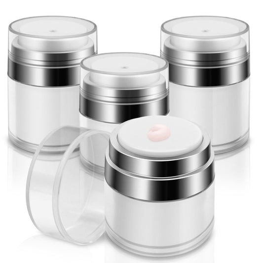 4 Pcs Airless Pump Jar With Labels, Refillable Cream Jar Vacuum Bottle Travel Size Empty Container for Cream and Lotion(2 pcs 1oz, 2 pcs 0.5oz)