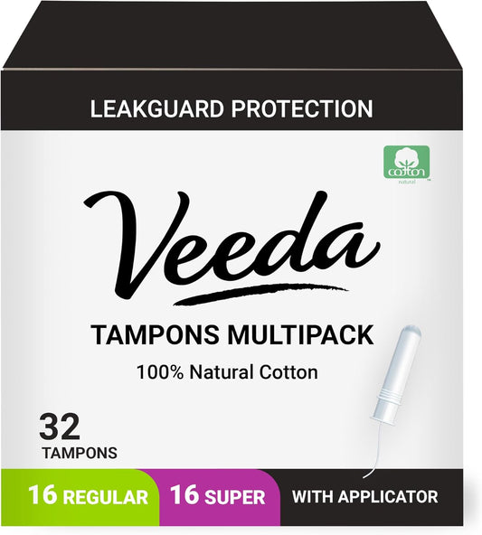 Veeda 100% Natural Cotton Compact Regular and Super Tampons - Compact BPA-Free Applicator - Unscented, Chlorine & Toxin Free - 16 Count Regular & 16 Count Super