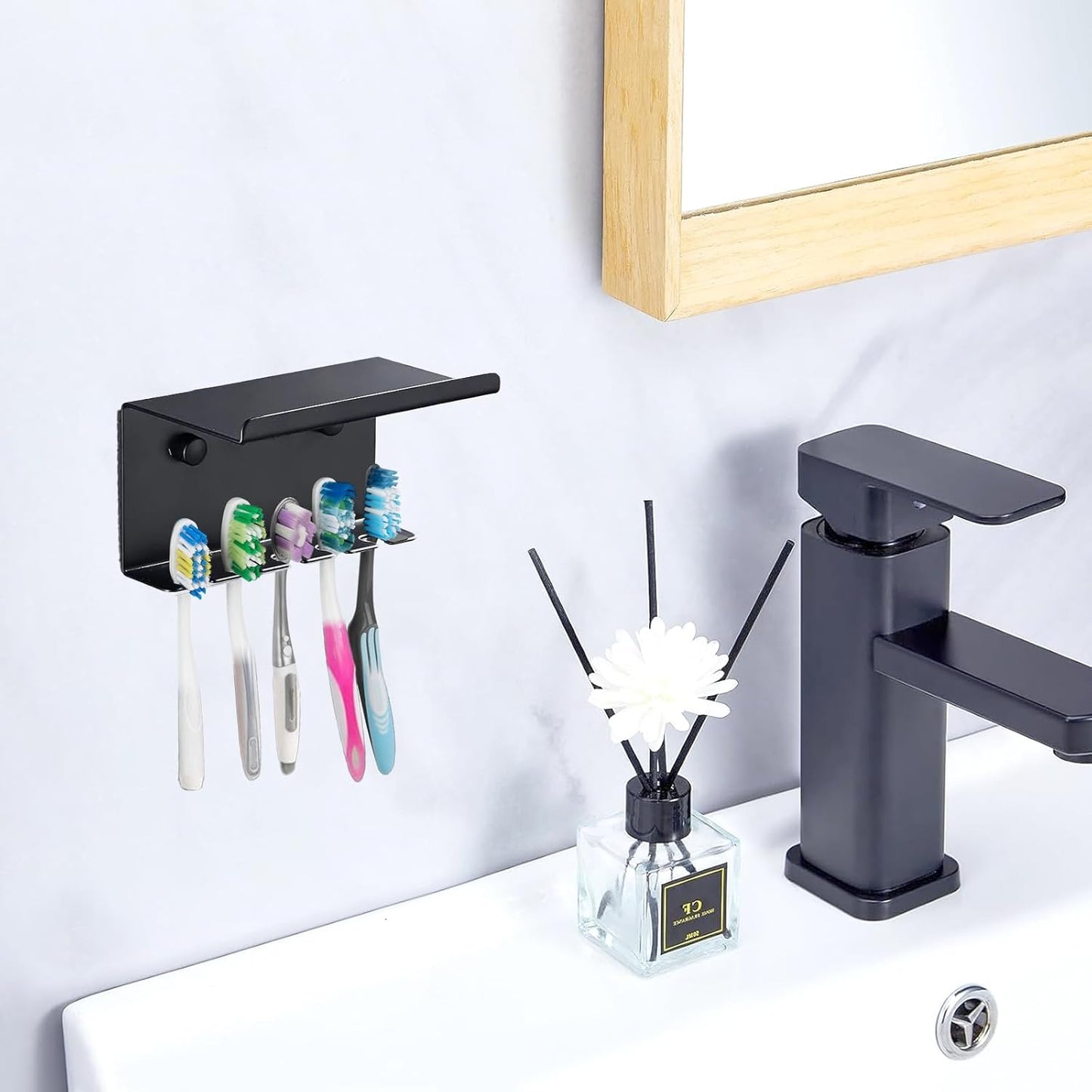 Wall Mounted Toothbrush Holder for Bathroom Shower, 5 Slots Aluminum Self-Adhesive Tooth Brush, Toothpaste Organizer Hanger Compatible with Colgate Extra Clean, Oral-B CrossAction, etc Black