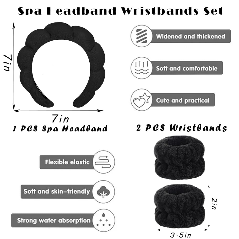 Spa Headbands for Washing Face Wristband Set Sponge Makeup Skincare Headband Wrist Towels Bubble Soft Terry Towel Cloth Hairband for Women Puffy Headwear Non Slip Thick Thin Hair Headwear (Black)