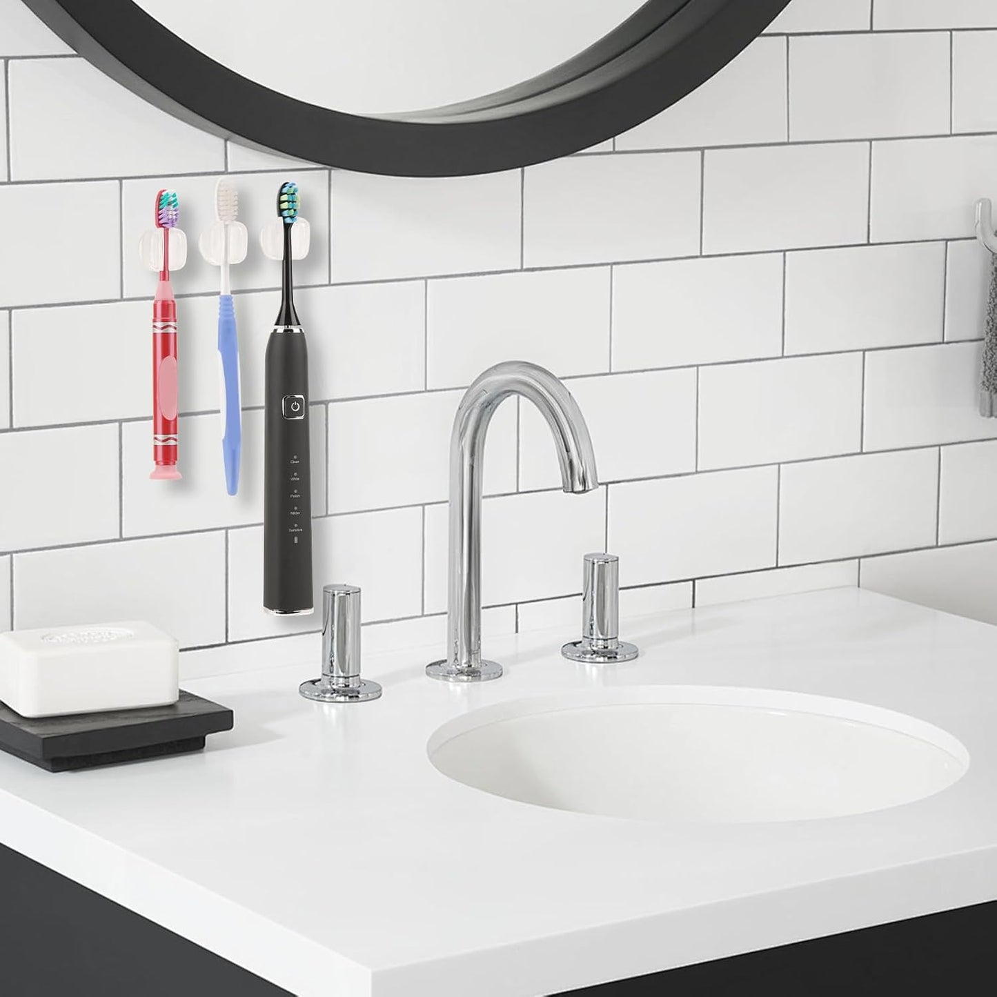 6 PCS Suction Cup Toothbrush Holder for Mirror, Electric Toothbrush Head Hanger Wall Mounted for Bathroom, Waterproof Multifunctional Hook for Towel, Key and Razor Clear