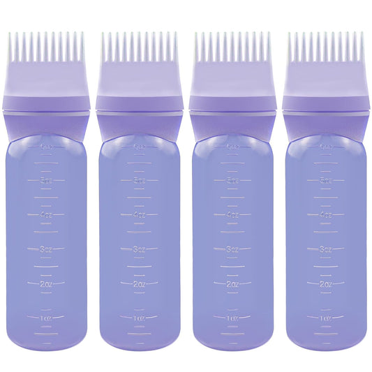 ELANE 4 Pcs Root Comb Applicator Bottle 6oz,Hair Oil Applicator Bottle for Hair,Oil Comb Applicator Hair Bottle Applicator for Hair Dye Shampoos Hair Salons Camping Traveling(Purple)