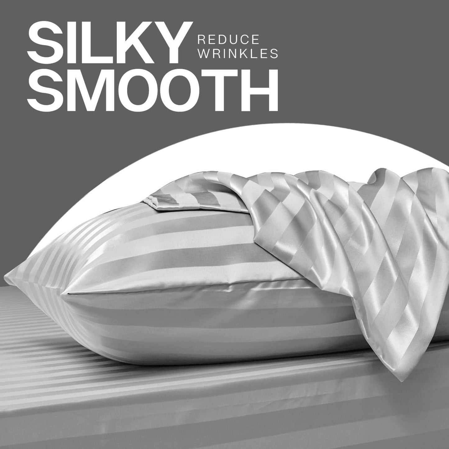 MR&HM Satin Pillowcase for Hair and Skin, Silk Satin Pillowcase 2 Pack, Standard Size Pillow Cases Set of 2, Silky Pillow Cover with Envelope Closure (20x26, Silver Grey Striped)