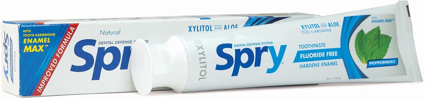 Spry Natural Xylitol Toothpaste 5oz for Adults and Kids - Fluoride Free, Gentle for Sensitive Teeth Whitening and Remineralizing, Breath Freshening, Mouth Moisturizing, Peppermint (Pack of 1)