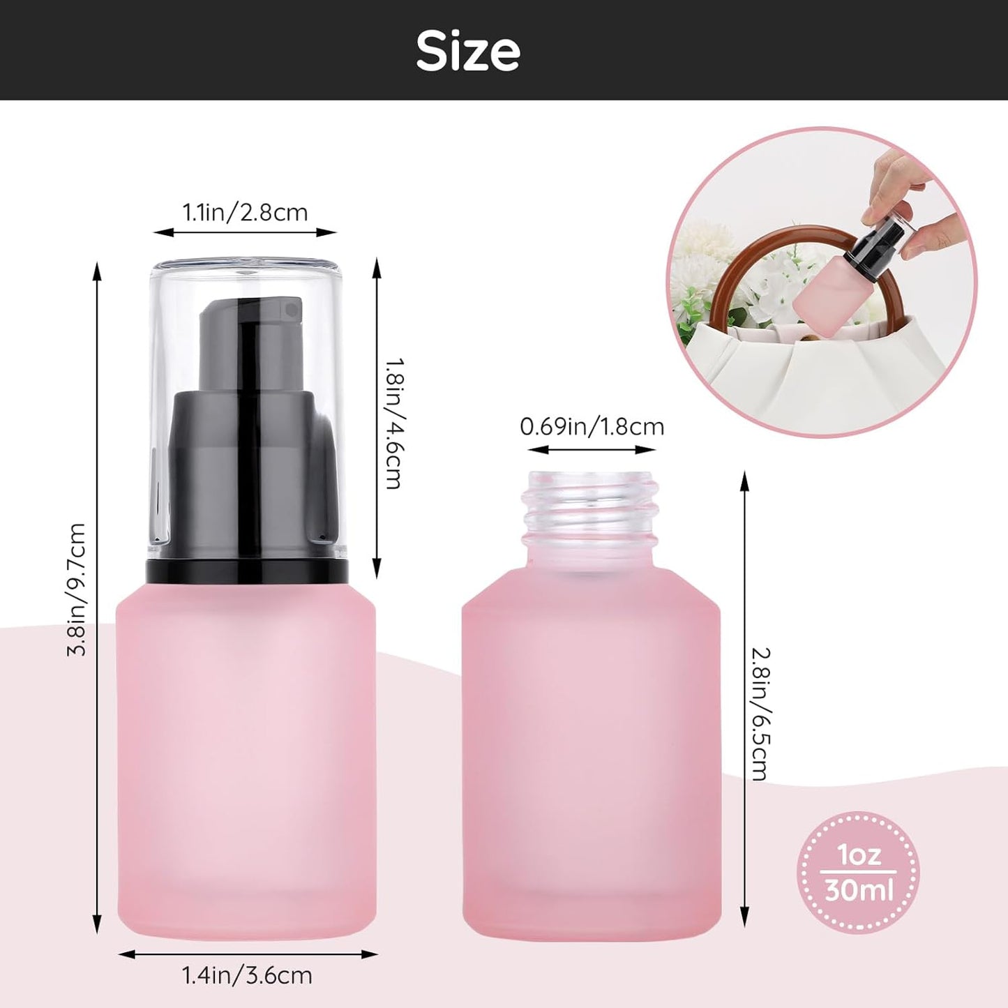 Segbeauty 1oz Frosted Empty Glass Lotion Bottles, 5pcs Small Pump Bottle Travel Size Pump Dispenser, 30ml Pink Reusable Cosmetic Containers for Cream, Refillable Glass Travel Bottle for Toiletries