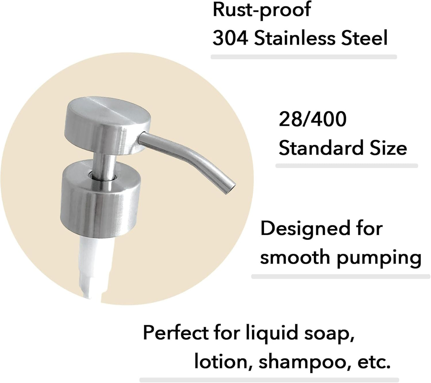 Stainless Steel Soap Pump Replacement, 2 Pack Pump Head, 28/400 Threads Standard Size, Brushed Nickel Finish (Stainless Steel)