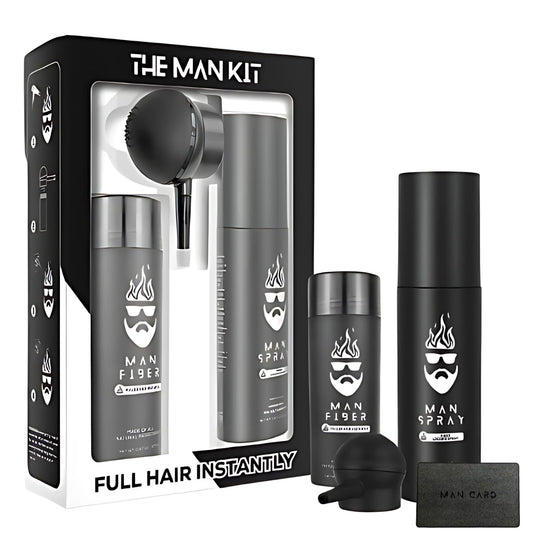Hair Thickening Fibers (Black), Hair Fiber Locking Spray + Applicator Fiber Pump to create Natural looking Fuller Hair and Beard | Man Card Included | Hair Set by the THE MAN KIT