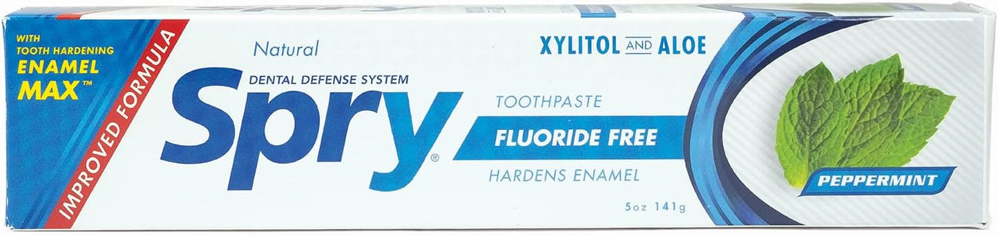 Spry Natural Xylitol Toothpaste 5oz for Adults and Kids - Fluoride Free, Gentle for Sensitive Teeth Whitening and Remineralizing, Breath Freshening, Mouth Moisturizing, Peppermint (Pack of 6)