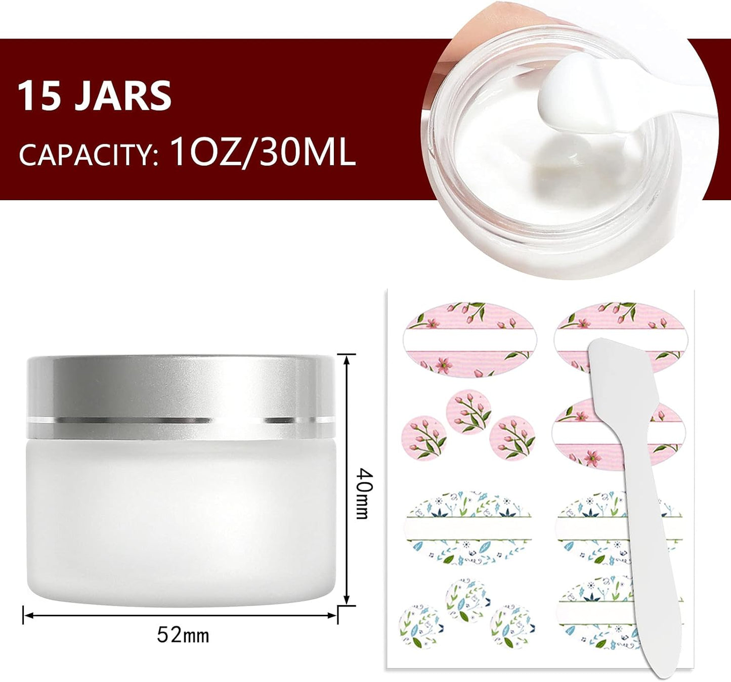 15 Pack, 1 oz 30ml Matte Clear Glass Jars with Silver Lids & Inner Liners, Empty Round Refillable Cosmetic Containers Travel Jars for Cosmetics, Body Butter,Scrubs,Face Cream Lotion,and More