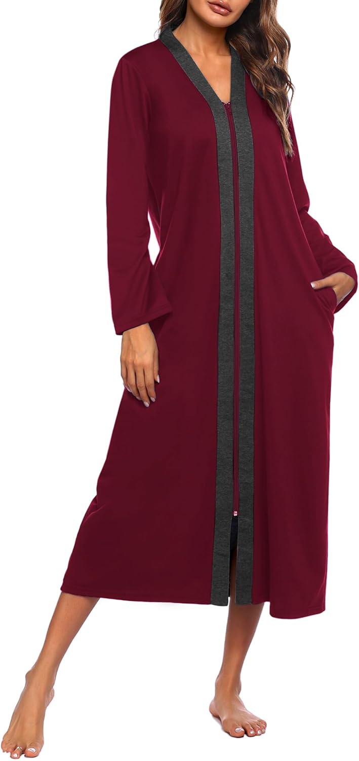 Ekouaer Women Zipper Robe Long Sleeve Loungewear Lightweight Housecoat Full Length Nightgown with Pockets