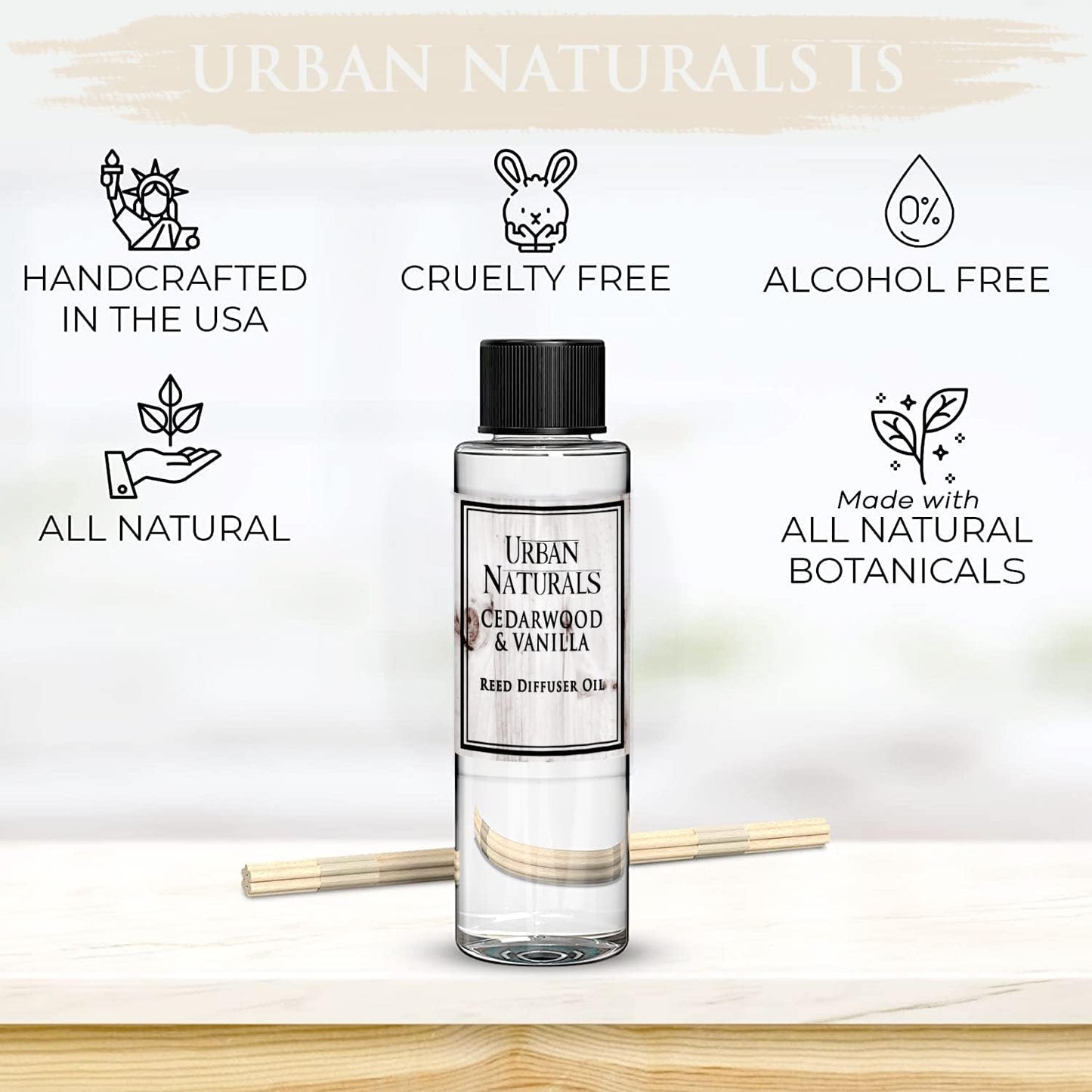 Urban Naturals Reed Diffuser Oil Refill, Cedarwood Vanilla Fragrance Oil with Oak, Cedar, Vanilla, 4 oz + Free Reed Sticks, Made in The USA