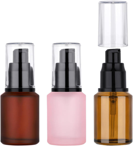 Segbeauty 1oz Frosted Glass Travel Bottles for Toiletries in Mixed Color, 3 Pack Empty Travel Size Pump Bottle Cream Lotion Container, 30ml Small Refillable Makeup Pump Dispenser Cosmetic Containers