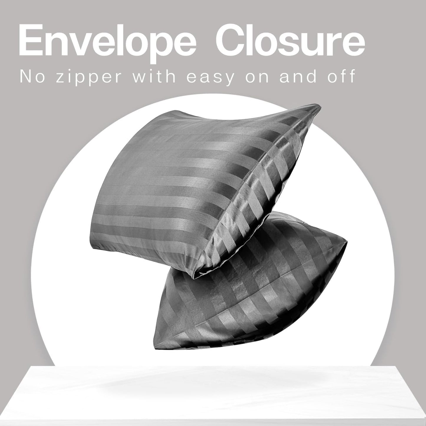 MR&HM Satin Pillowcase for Hair and Skin, Silk Satin Pillowcase 2 Pack, Standard Size Pillow Cases Set of 2, Silky Pillow Cover with Envelope Closure (20x26, Dark Grey Striped)