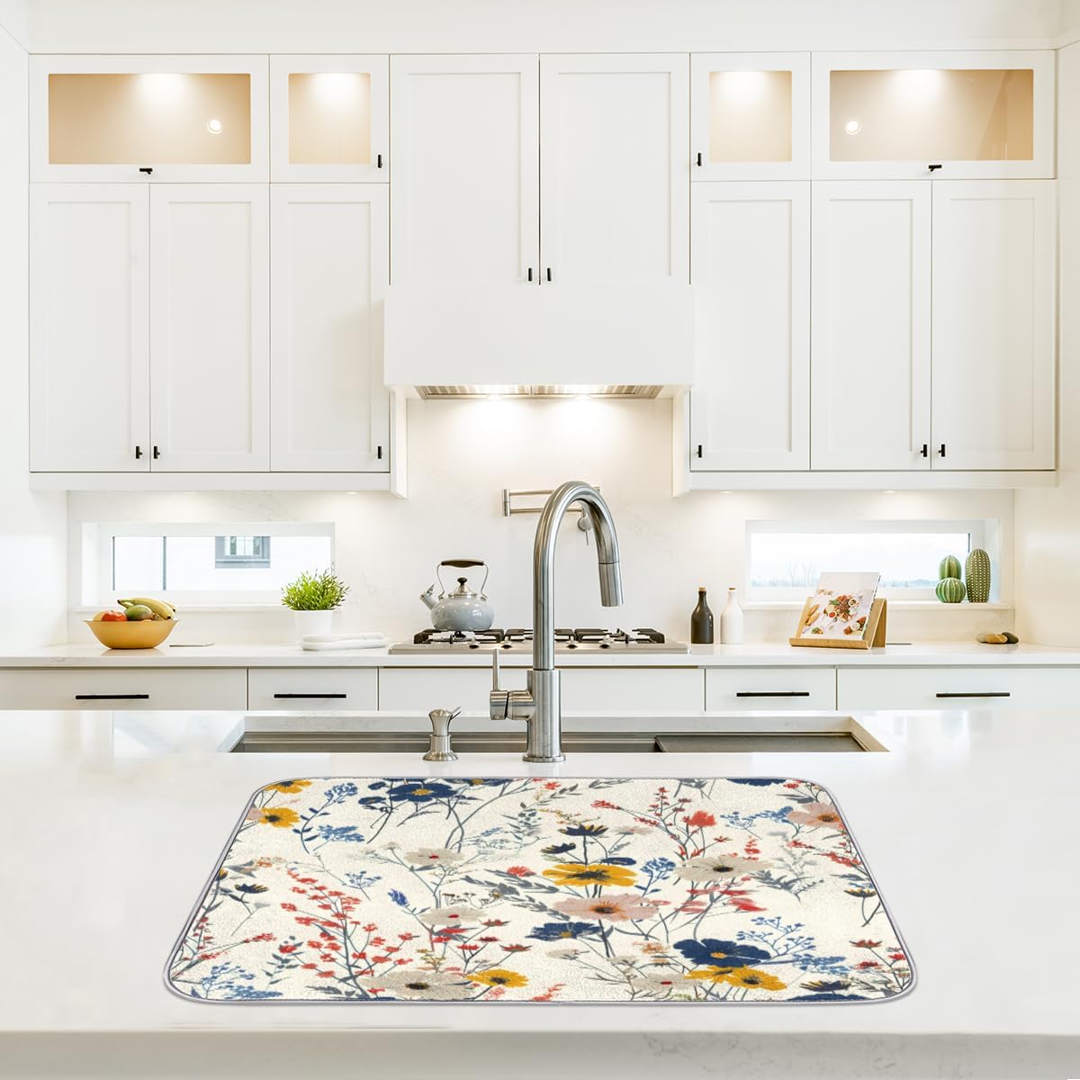 Hexteria Flower Dish Drying Mat for Kitchen Counter, Accessories Dish Rack Mat Drainer Pad Washable Microfiber Drying Mat, Vintage Plants Herbs Floral