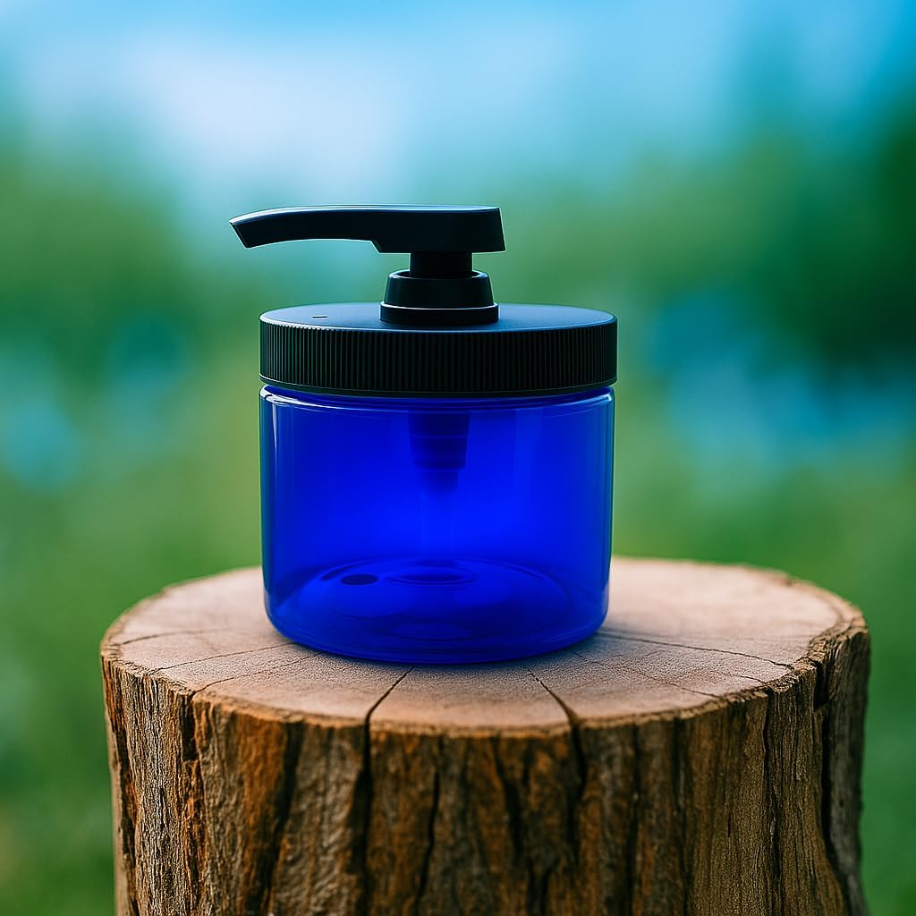 Royal Massage 16oz Refillable Pump Jar with Locking Dip Tube Dispenser – BPA-Free Plastic Container for Massage Oils, Lotions, Creams – Ribbed Lid Wide-Mouth Jar – Durable & Reusable (Blue/Black, 3)