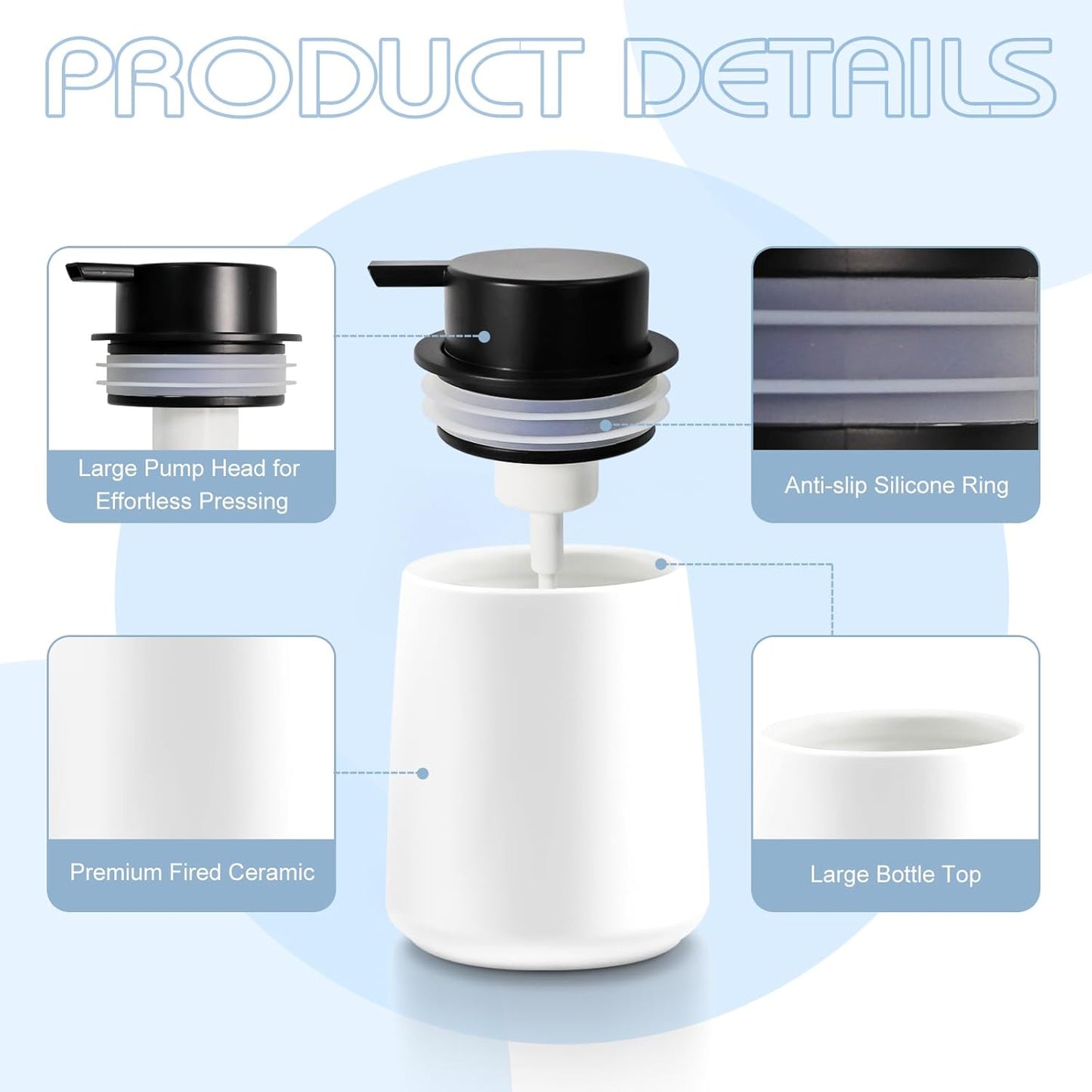 Ceramic Foam Soap Dispenser 2 Pack, 12oz White Lotion Hand Sanitizer Soap Dispenser with Easy-to-Press Pump for Bathroom & Kitchen Countertop Refillable